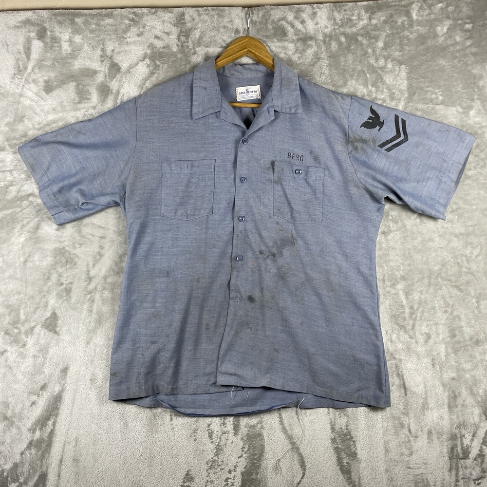 True Vintage 70s Selvedge Denim Chambray Work Shirt XL Stencil USN US Navy Stain